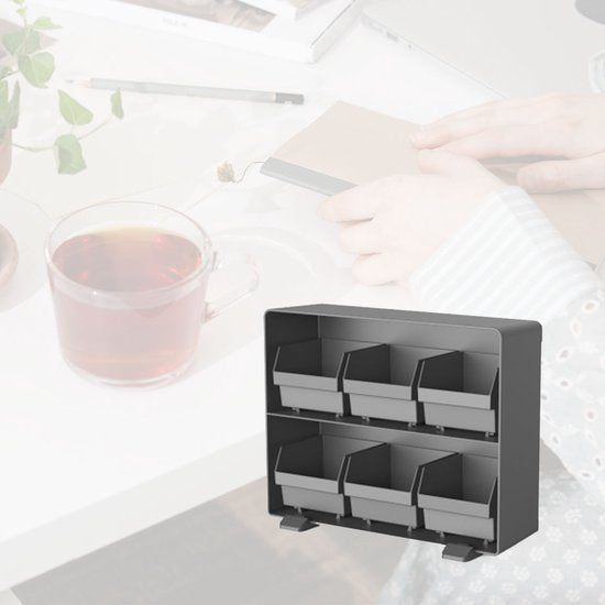 BRASQ Thee Organizer Zwart TB100 - Theedoos 6 vaks - keukenorganizer - Theedoos - Theezakjeshouder - Ruimtebesparend Opbergsysteem