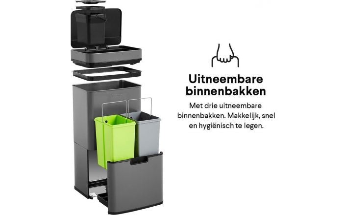 Homra Prullenbak – Automatische deksel & 3 vakken – 72L (2x12L + 48L) – 31,5 x 42 x 82,5 cm – Grijs