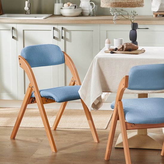 SoBuy Houten Klapstoel met Gestoffeerd Zitkussen, Bureaustoel, Eetkamerstoel, Natuur/Blauw, 47.5x77x59 cm, FST92-BL - voor eetkamer, balkon of kantoor