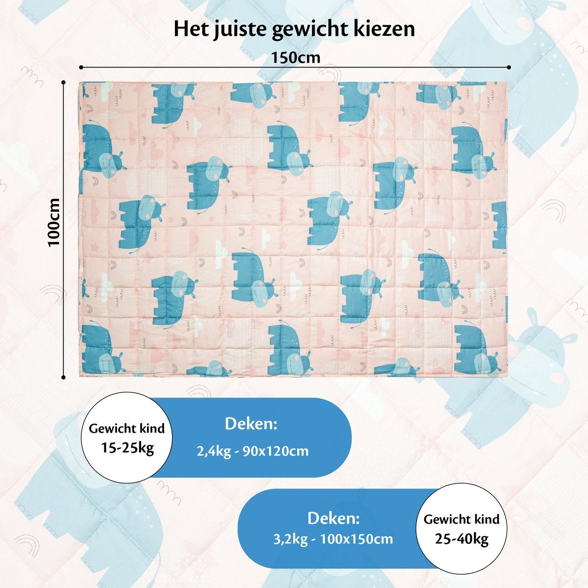 EL-Life Verzwaringsdeken Kind 3,2kg - 100 x 150cm - Zwaartedeken - Weighted Blanket - Verzwaarde Deken - OEKO-TEX Katoen - Nijlpaard