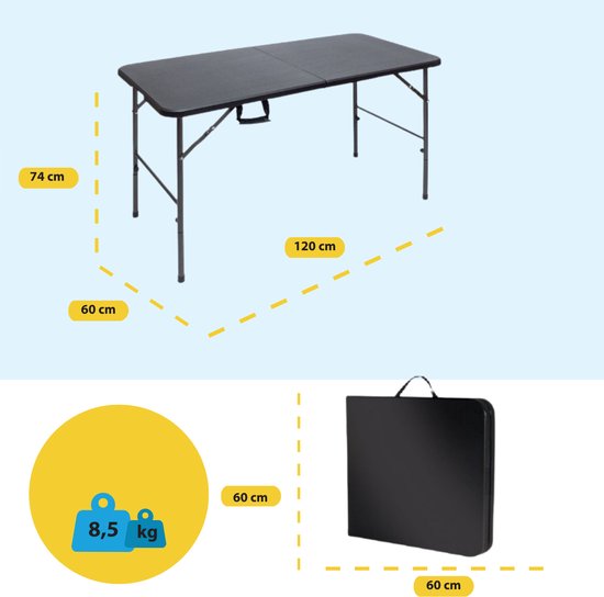 BRASQ Inklapbare Vouwtafel Zwart - 120x60x74cm - Campingtafel - Klaptafel - Inklapbaar - Weerbestendig