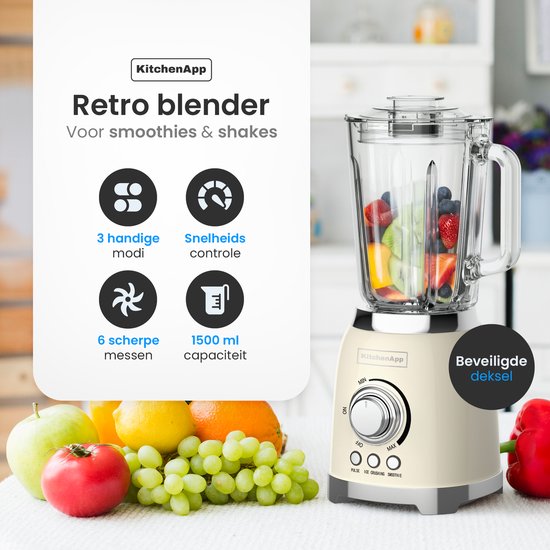 KitchenApp Retro Blender 1,5L – Glazen kan – 800W – Crushed Ice, Smoothie & Pulse – Beige