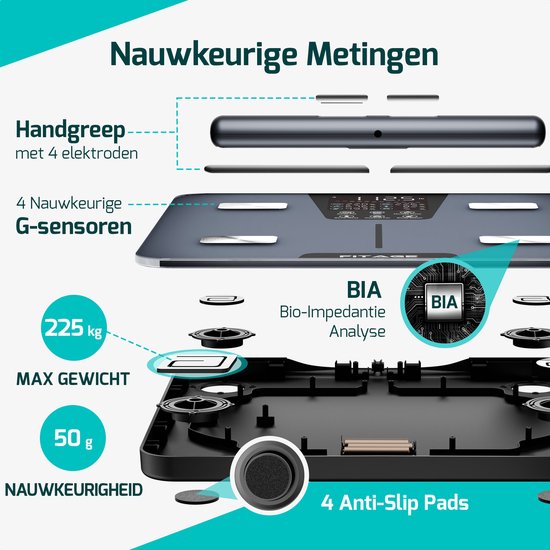 FITAGE Handvat Weegschaal Personenweegschaal Digitaal - Slimme Weegschaal met 17x Lichaamsanalyse - Weegschalen - FITAGE App
