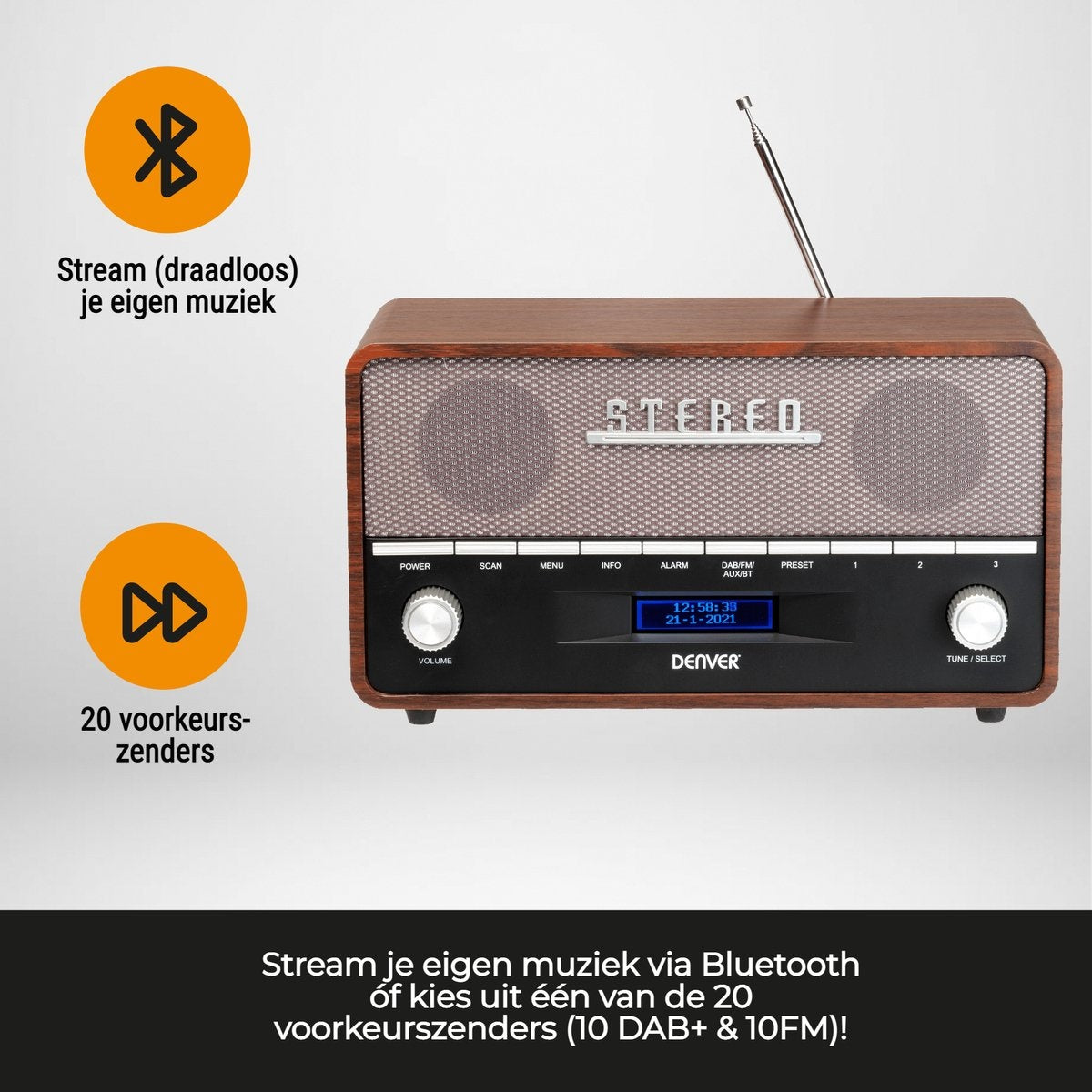 Denver DAB Radio XL - Retro Radio - Bluetooth - DAB+/ FM - Batterijen & Netstroom - DAB36 - Bruin