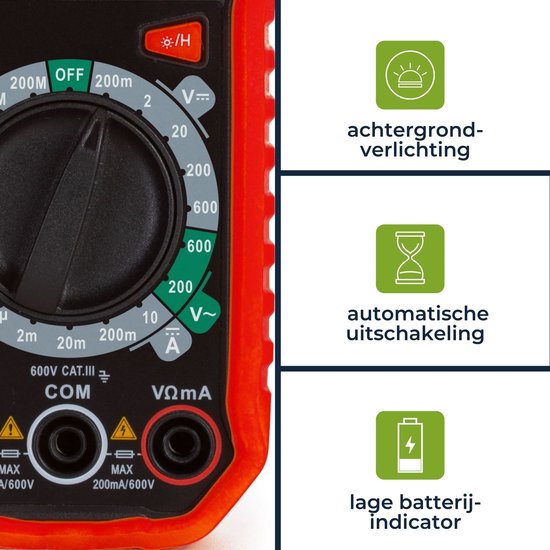 Velleman Digitale multimeter, geschikt voor het meten van AC/DC-stroom, AC/DC-spanning, weerstand, transistor, diodes en continuïteit, inclusief meetsnoeren