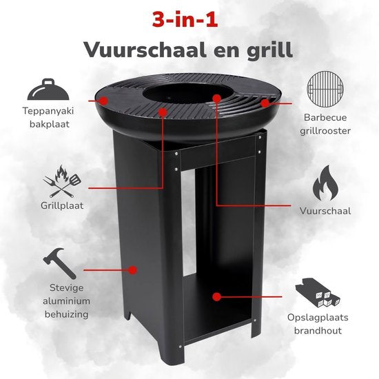 alpina 3-in-1 Vuurkorf en Grillplaat - Tuinhaard 61 x 90 cm - met Teppanyaki Bakplaat - Plancha BBQ met Brandhout Opslagplaats - Vuurkorf voor Buiten - Metaal