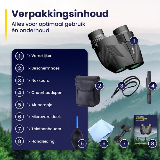 ODESSEY Verrekijker - met Case, Onderhoudskit en Telefoonhouder - 8x25 - FMC - BAK-7 - voor Volwassene & Kinderen