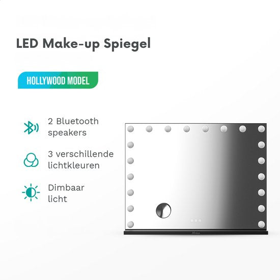 Mirlux Hollywood Spiegel 80x60CM - 2 Bluetooth Speakers - USB & USB-C Oplaadpoorten - LED Verlichting - Make Up Spiegels - 10x Zoom - Ophangbaar - Zwart