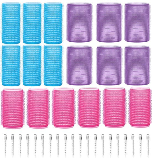 Krulspelden Set Zonder Hitte – 18 Rollers + 20 Klemmen – Heatless Curls – 3 Maten – Blauw/Roze