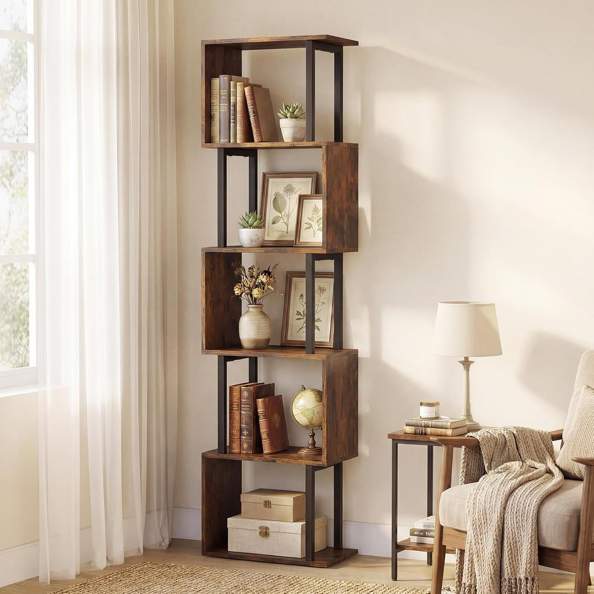 Coast Boekenrek - 5 planken - geometrisch design - zwart/rustiek bruin - 38 x 23 x 147 cm