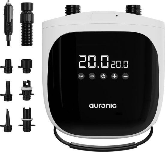 Auronic Elektrische SUP Pomp 12V - 20 PSI - Luchtpomp voor SUP Board, Kajak, Luchtbed en Tent - Automatische Drukregeling - Opblazen & Leegzuigen - Wit