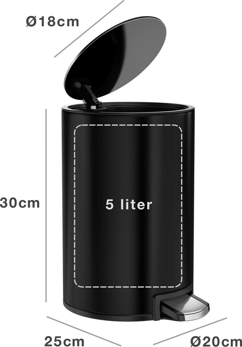 StangVollby Kallax Prullenbak 5 Liter - Zwarte Badkamer Pedaalemmer - Kleine Prullenbak met Soft Close Deksel - Toilet Vuilnisbak - Afvalemmer Klein - Vuilbak