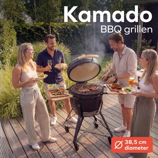 KitchenBrothers Kamado BBQ - 18 Inch Houtskool Barbecue - 38,5⌀ cm - Complete Set - Egg BBQ met Accessoires inclusief Hoes - Zwart