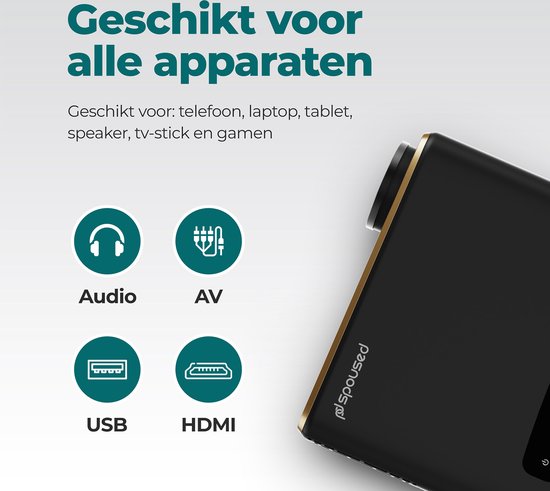 Spoused Beamer - Full-HD - 12.000 Lumen - Streamen Vanaf Je Telefoon Met WiFi - Mini Beamer - Zwart - Android