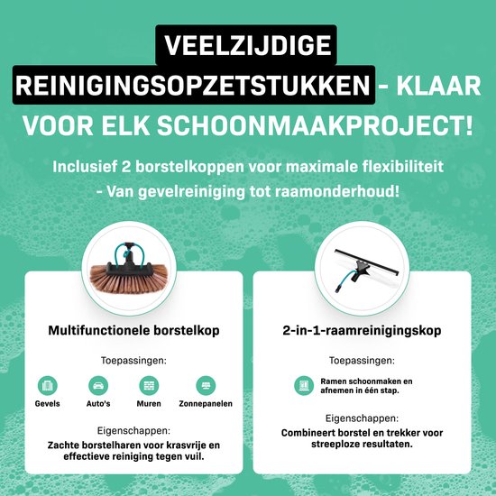 VONROC Telescopische wasborstel – 6,50m - Incl. Borstelkop, raamreiniger, waterslang en zeepdispenser