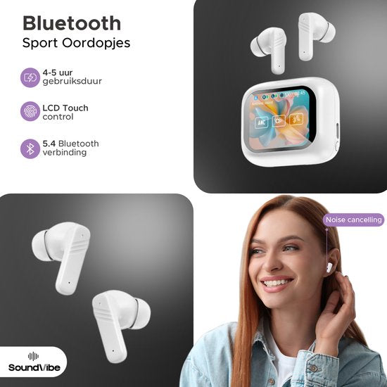 SoundVibe® - Earbuds Draadloos Met Noice Cancelling - Wit - Bluetooth Oordopjes - Noice Cancelling Hoofdtelefoon - LX-10 Earpods met Scherm - Werkt Met Apple En Android - Earpods USB C - Wireless Earphons - Oortjes Draadloos