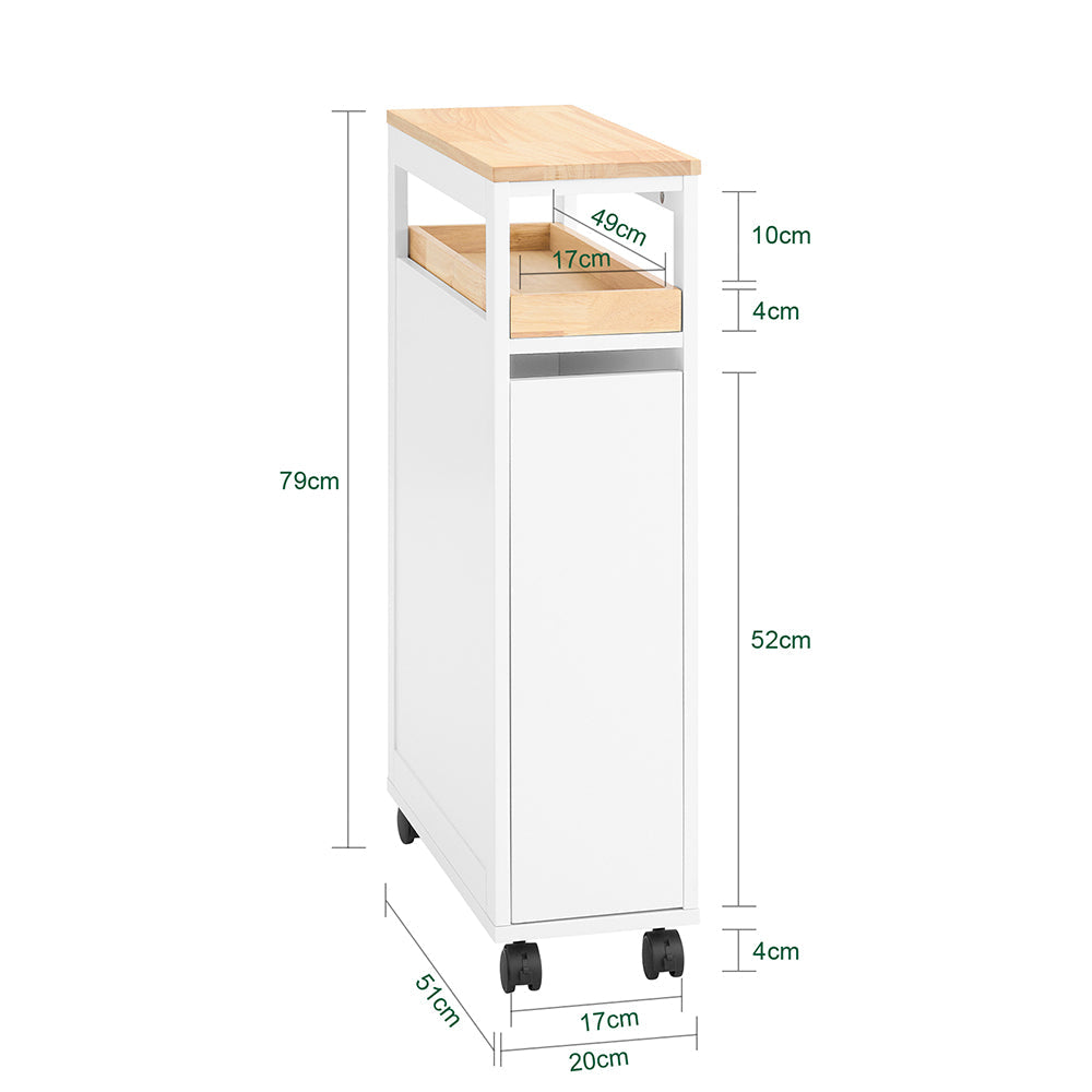 SoBuy NSR11-WN Smalle Rollende Plankenkast van Hout 20x51x79 cm - Praktische Keuken- en Badkamerwagen op Wieltjes in Wit Natuurhoutlook