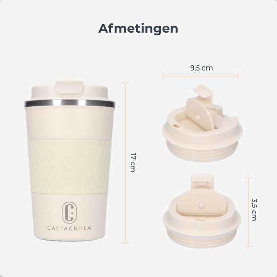 Castagnola Thermosbeker - Koffiebeker To Go - Travel Mug voor Koffie en Thee - Theebeker - 380 ML - RVS - Offwhite