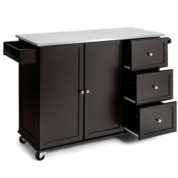 Coast Keukenwagen serveerwagen - RVS - Keukeneiland met 3 laden - 135 x 45,5 x 91,5 cm - Bruin/Wit/Zwart