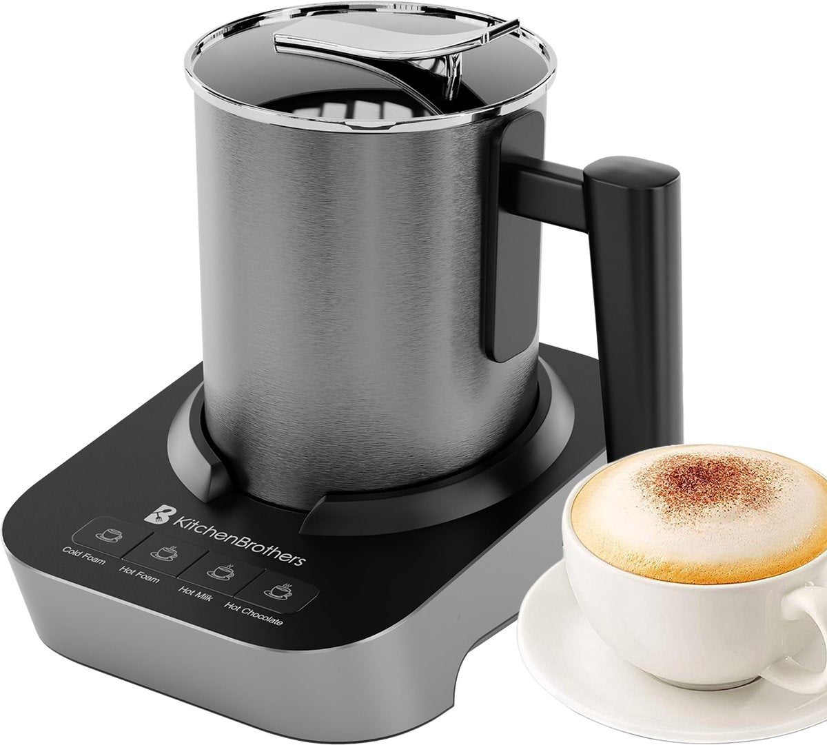 KitchenBrothers - Elektrische melkopschuimer - Vaatwasmachinebestendig - 4-in-1 - 400 ML - Roestvrij staal/zwart