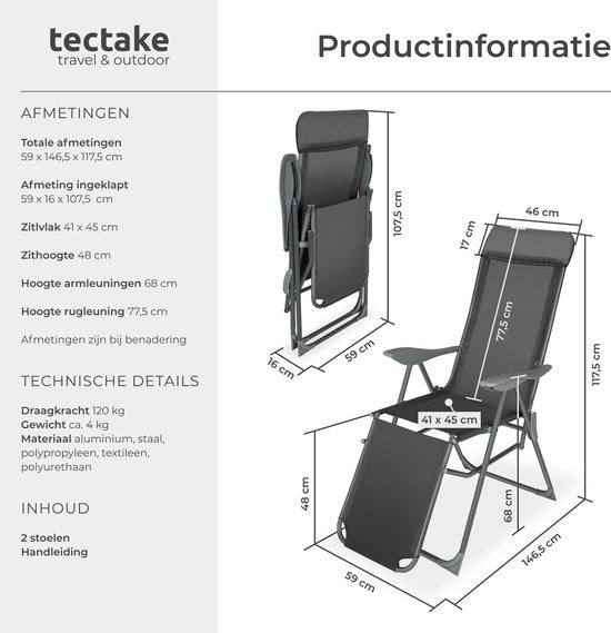tectake® - Set van 2 klapstoelen - Aluminium tuinstoelen - Inklapbaar met hoofdsteun en voetensteun - Ligstoelen voor in de tuin, terras of balkon - Campingstoel - Antraciet