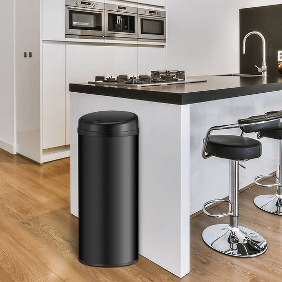 Juskys – Sensor Prullenbak Rond – 50 - Automatisch Deksel - Touch-Bediening – Zwart / Gepoedercoat Staal