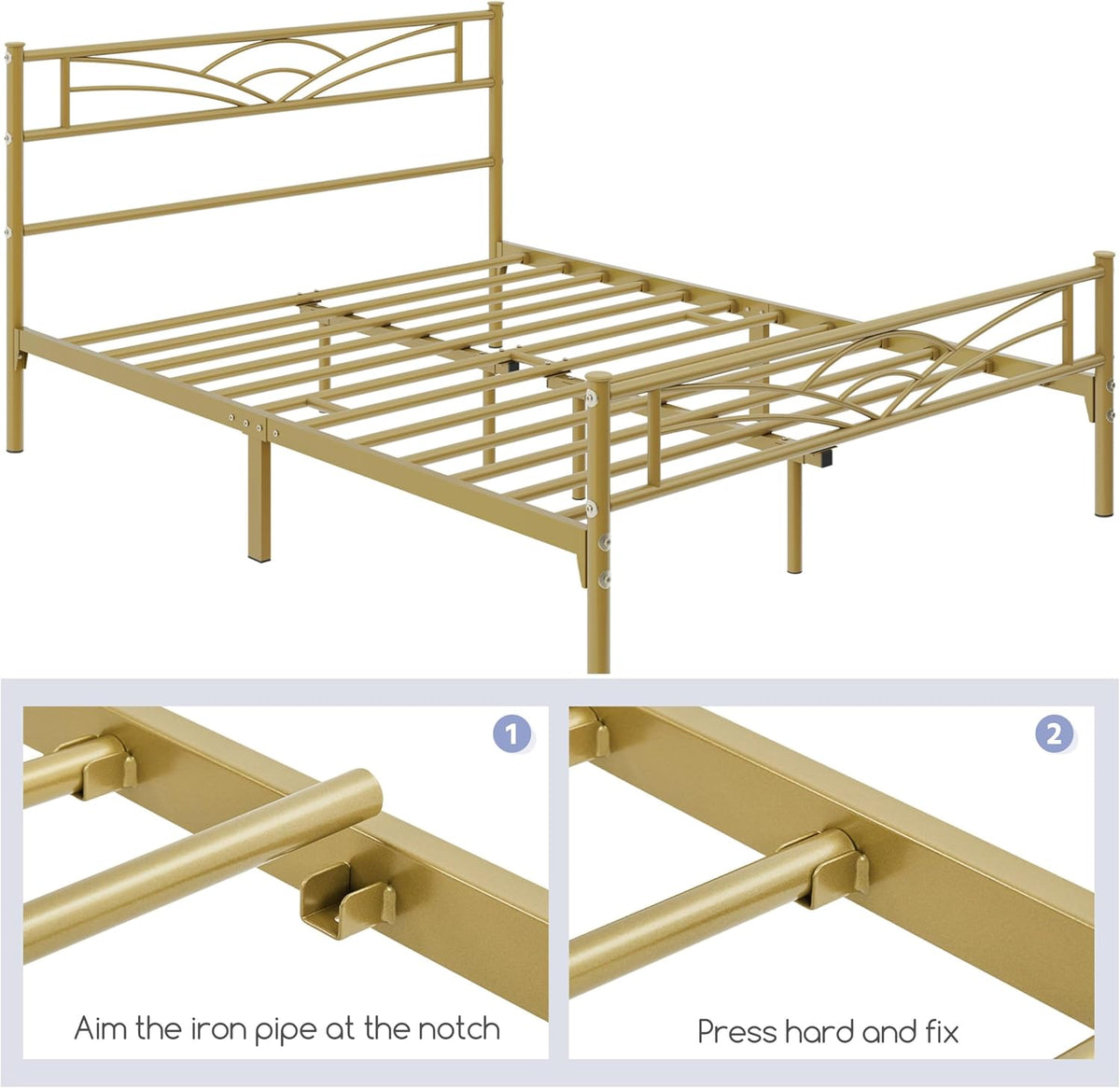 Yaheetech Metalen Bedframe 140 x 200 cm – Antiek Goud – Modern Jeugdbed met Lattenbodem en Ruime Opbergruimte