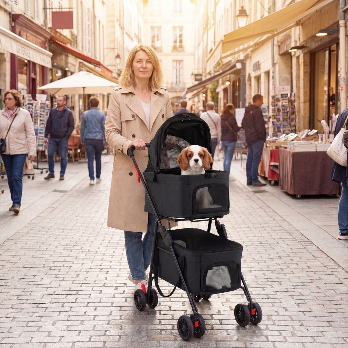 Coast Opvouwbare Dubbele Huisdierenwagen - 3-in-1 met afneembare transportboxen - terreinwielen - black