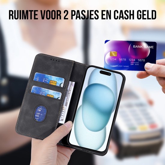 Podec Hoesje met Pasjeshouder Geschikt voor iPhone 15 Zwart Telefoonhoesje - Anti-Shock Bookcase Cover met 1x Screenprotector - Wallet Case