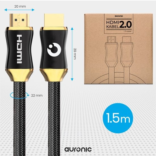 Auronic HDMI Kabel - 1.5M - 18Gbps - HDMI 2.0 - Hoge Snelheid en Resolutie - 4K (60 Hz) - Zwart