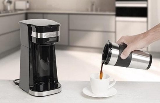 Bestron Koffiezetapparaat met thermosbeker, voor gemalen filterkoffie & ideal voor camping, 2 grote koppen, 750 Watt, rvs, Kleur: silver/zwart