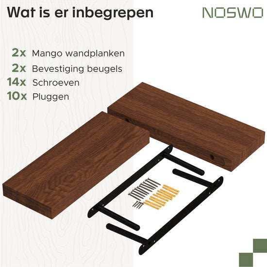 Noswo Zwevende Wandplank - Set van 2 met 15 kg Laadvermogen - Massief Mango hout - Muurplank - 43x16,8 x4 cm - Te gebruiken als Wandplank, Boekenplank en Fotoplank - Inclusief Bevestigingsmateriaal
