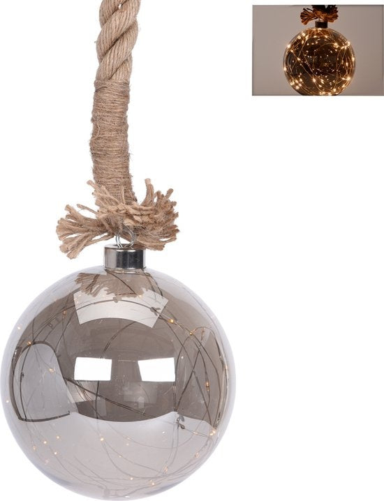 Glazen bal met 30 LED's - 15cm - jute touw 100cm