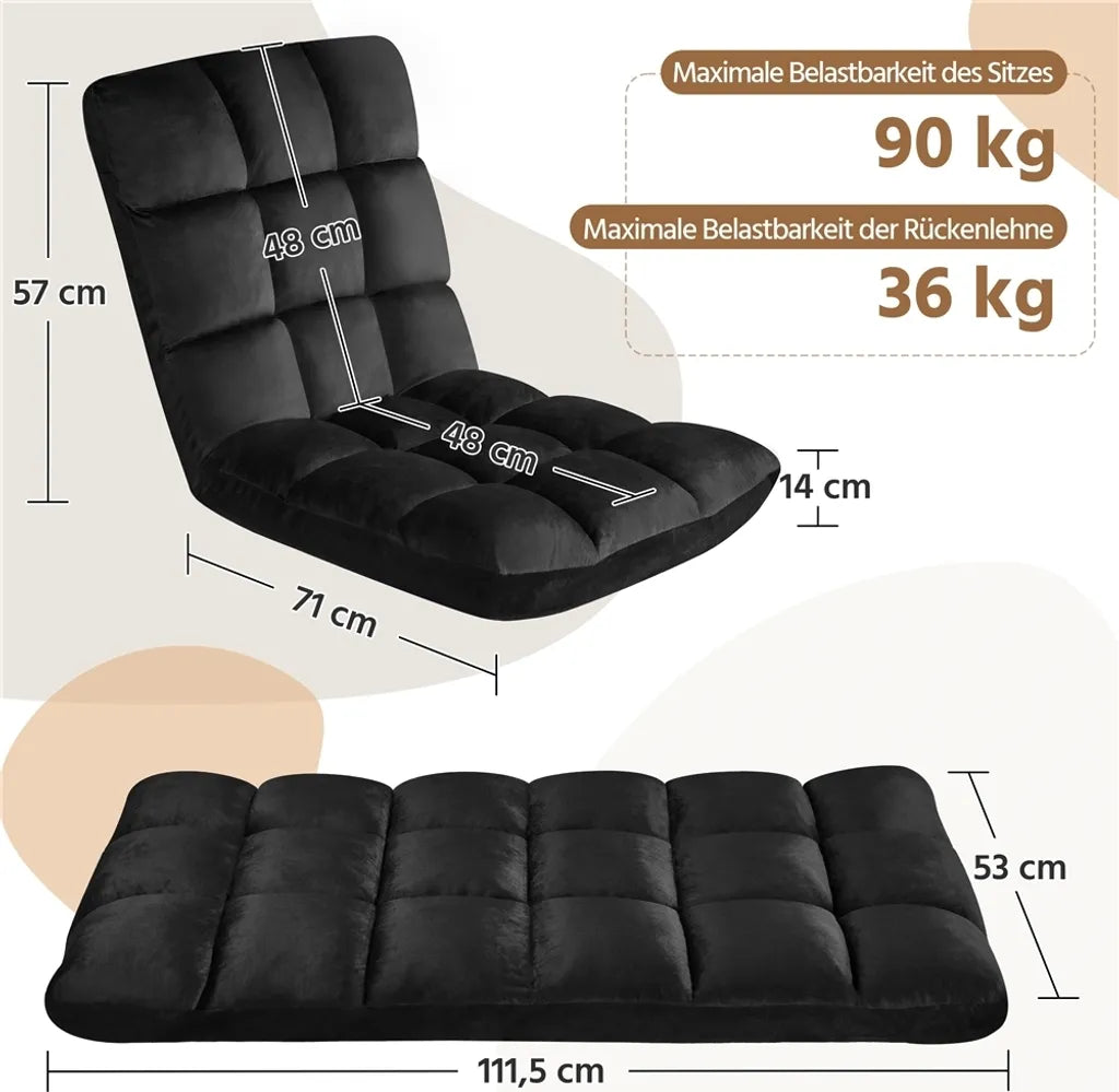 Yaheetech Floor Chair 111,5 x 53 x 57 cm Zwart 14-Positie Verstelbare Rugleuning Gaming Relaxstoel