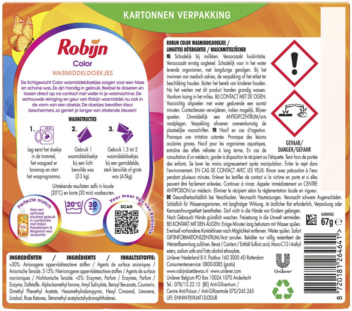 Robijn Color Wasmiddeldoekjes – 10 Verpakkingen – 160 Wasstrips – Kleurbehoud