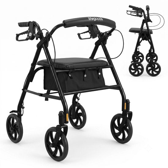 LifeGoods Basic Rollator Lichtgewicht en Opvouwbaar (8,7KG) - Met Zitje en Rugsteun – Voor Binnen en Buiten – Verstelbare Hoogte - Tot 136KG Draagkracht – Zwart