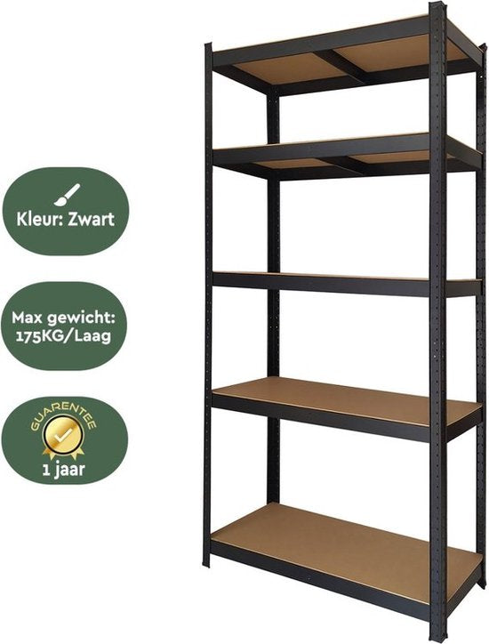 BRASQ Stellingkast Zwart Set van 2 - Metalen Opbergrek - voorraadkast - wandkast - Magazijnstelling 180x90x40 - 5 lagen - 175 KG per plank - max 875 KG