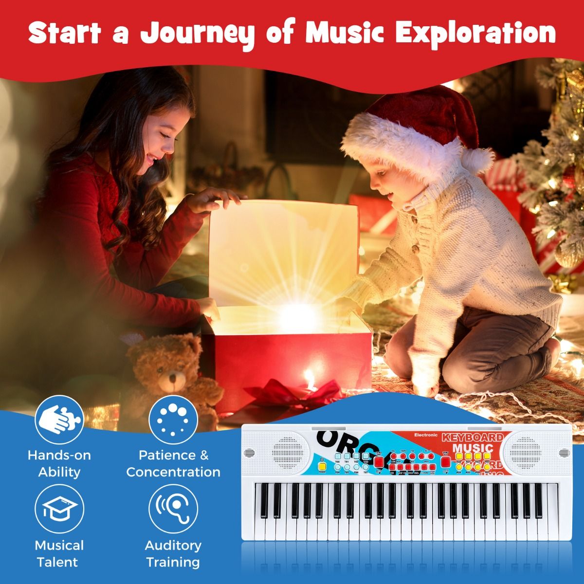 Coast Kinderkeyboard - 49 toetsen - draagbaar elektrisch keyboard - 8 ritmes - wit