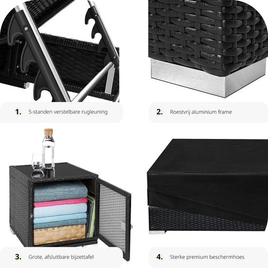 Tectake 2 luxe ligbedden met bijzettafel - Zwart - Inclusief beschermhoes - 401500