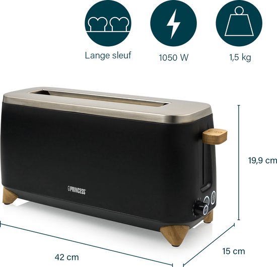 Princess 142361 Broodrooster Pure - 6 bruiningsstanden - 1000W - bamboe - zwart