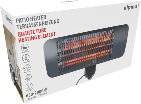 alpina Infrarood Verwarming Hangend - Terras Heater 2000W 3 Warmtestanden - Spatwaterdichte Terrasheater IP34 met Infrarood Paneel - Terrasverwarmer