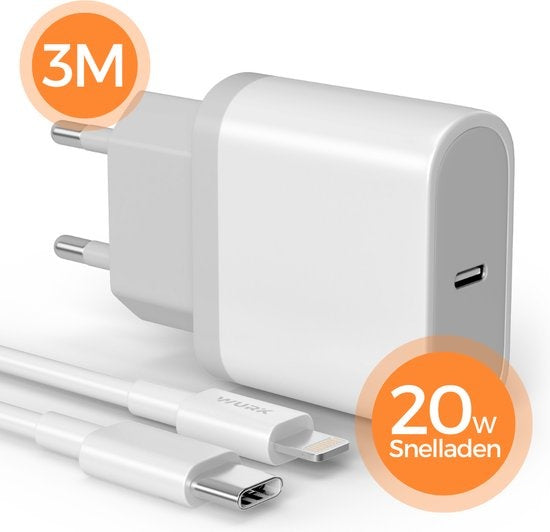 Wurk - Oplader - Geschikt voor iPhone, Airpods en iPad - 20W Snellader - Oplaadkabel van 3M