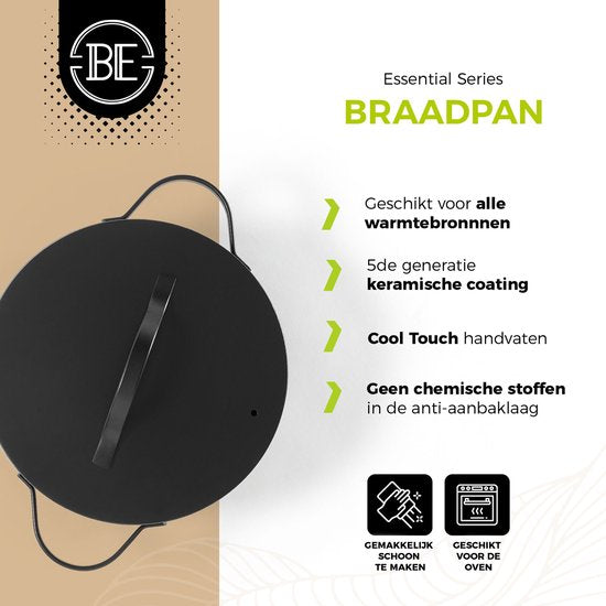 BE Living Essential Braadpan met Deksel - Ø 24 cm - Kookpan - Keramisch - PFAS vrij - Inductie - Zwart