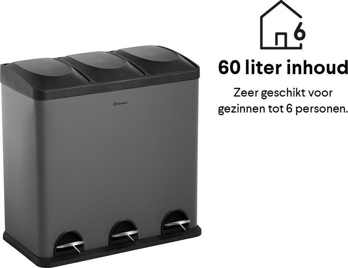 Homra Maxer Pedaalemmer 60 Liter - Grijze Prullenbak 3 vakken - Trio Prullenbak 3 X 20 Liter - Prullenbak Afvalscheiding - Vuilnisbak voor Huishouden en Kantoor - Recycle Vuilbak keuken Afvalemmer - Afvalscheidingsprullenbakken
