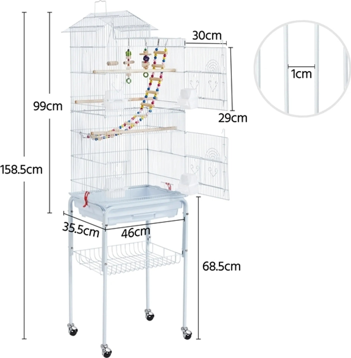 Yaheetech Vogelkooi Met Verrijdbaar Onderstel – Voorzien Van 10 mm Tralieafstand En Uitneembare Bodemlade En Inclusief Speelgoedset – Voor Parkieten En Kanaries – Wit Gepoedercoat Metaal – 46 x 35,5 x 158,5 cm