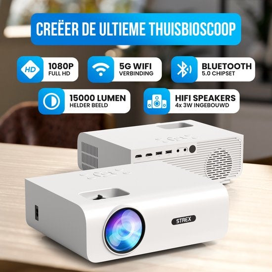 Strex Beamer - 1080P Full HD - 15000 Lumen - Draadloos Streamen - Inclusief Tas/Projectiescherm - WiFi - Bluetooth
