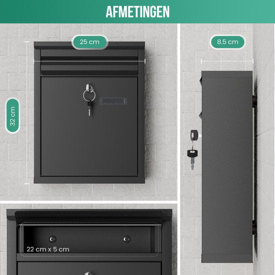 Avalo Brievenbus - Wandbrievenbus - Met Slot en 2 Sleutels - Incl. Montagemateriaal - Zwart