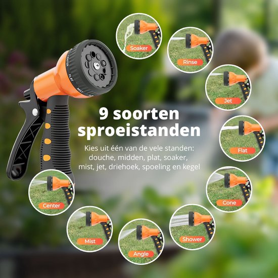 FlinQ Tuinslanghaspel 10 meter - Slanghaspel Automatisch - 180° draaibare Muurhaspel - Wandslangenbox met Tuinslang, Haspel en Sproeikop - 9 Sproeistanden