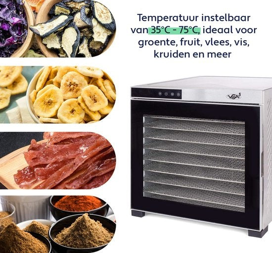 Vita5 Nobel Pro 10 XXL Droogoven - Dehydrator 10 Laags - RVS - 24-Uurs Timer - Led-bedieningspaneel - 1000 Watt - Zilver - 53x54x43 cm