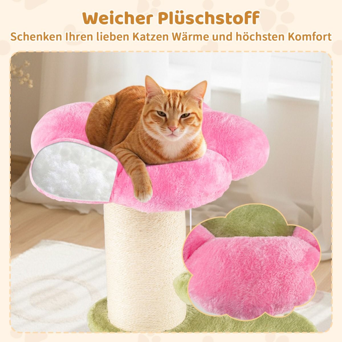 Coast Krabpaal voor katten - 3 verdiepingen - met pluche ligplek en bloemenplatforms - roze - 69 cm